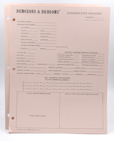 Top Tearing 1979 D&D Character Record VG, by Staff  